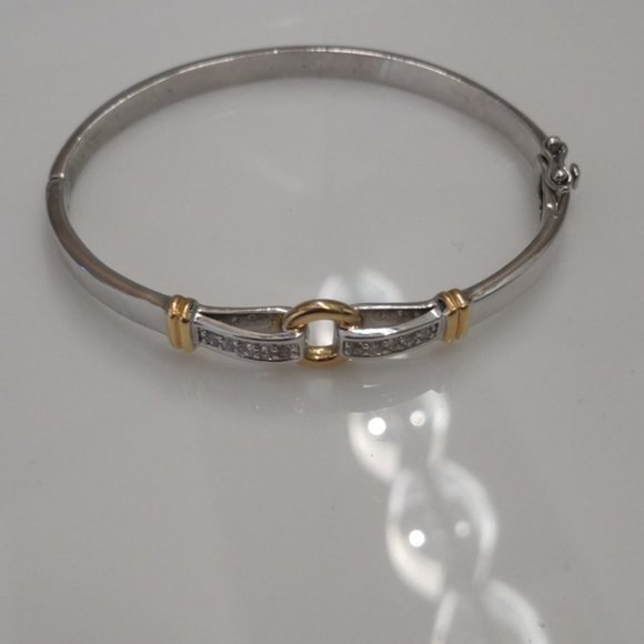 Silver and gold oval bangle with rhinestones - Picture 1 of 5